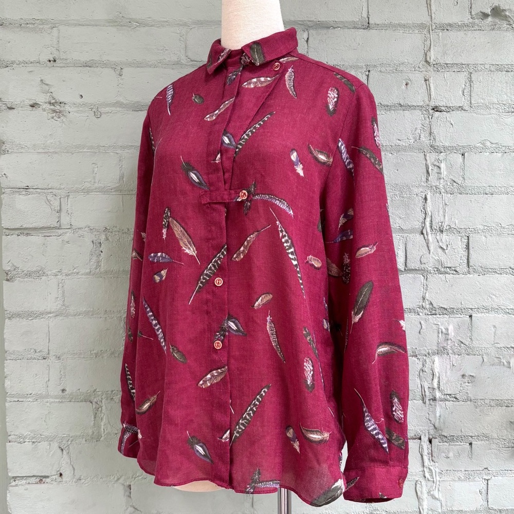 Vintage Red Blouse with Novelty Feather Print